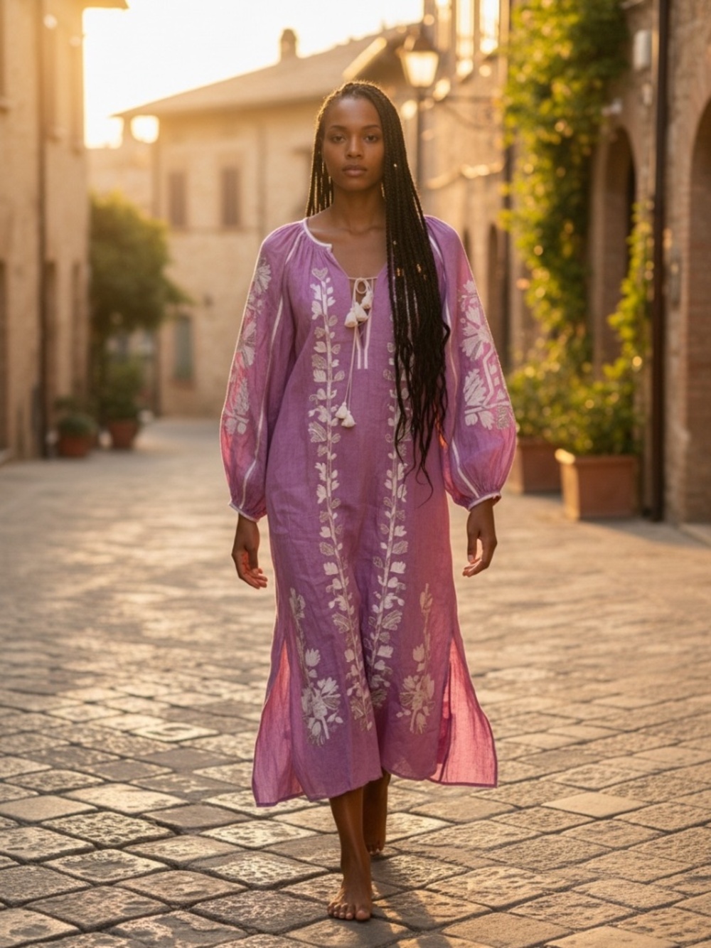 March 11 Linen Boho Embroidered Maxi Dress L Caftan